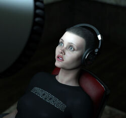 3d black_hair breasts cleavage expressionless female_only femsub g_(hypnoforge) glowing headphones huge_breasts hypnoforge open_mouth original short_hair tech_control text