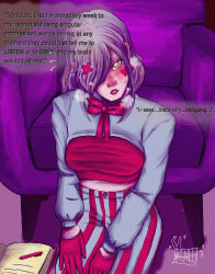 blush breath confessional-chan gloves hair_covering_one_eye hair_ornament heart_eyes kneeling pov_dom text white_hair