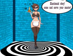  absurdres breasts brown_eyes choker disney elastigirl expressionless female_only femsub helen_parr high_heels katsiika large_breasts maid metronome milf netorare open_mouth pendulum pixar see-through solo spiral_eyes symbol_in_eyes tech_control text the_incredibles thighhighs tray 