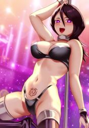 animated bikini black_hair bleach blush breasts collar crotch_tattoo dancing female_only femsub fingerless_gloves gloves hadant happy_trance heart_eyes heart_tattoo high_heels large_breasts long_hair looking_at_viewer navel open_mouth pole_dancing rukia_kuchiki smile solo tattoo thigh_boots video