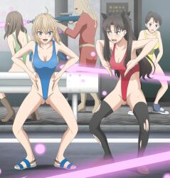 artoria_pendragon black_hair blonde_hair blush body_control fate_(series) femsub haigure happy_trance large_breasts leotard long_hair rin_tohsaka sandals swimsuit unhappy_trance z