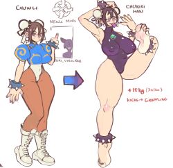  alternate_costume bare_legs barefoot before_and_after breasts brown_eyes brown_hair capcom chun-li english_text evil_smile feet female_only femdom femsub foot_focus juri_han kurosaki_artist large_breasts legs leotard nail_polish possession purple_eyes purple_nails short_hair simple_background smile street_fighter text thick_thighs thighs toenail_polish tongue tongue_out virus white_background 