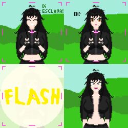 bat_girl black_hair brown_eyes camera flashlight happy_trance hypnovember kirina nyarukavt original pixel_art text virtual_youtuber white_skin