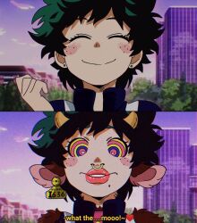  animal_ears before_and_after cow_girl earrings female_only freckles furry genderswap green_hair heart_eyes horns izuku_midoriya jmermelade large_lips lip_expansion lipstick mole my_hero_academia nose_ring red_lipstick ring_eyes solo text transgender 