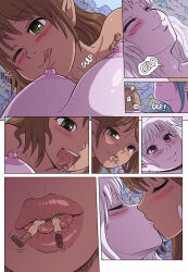 blush breast_sucking breasts brown_hair character_request comic death drool femdom femsub giantess green_eyes happy_trance karbo kissing large_breasts multiple_girls multiple_subs purple_eyes short_hair text tongue tongue_out vore white_hair yuri