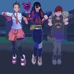 3d aura blue_hair carmine_(pokemon) chicken_pose expressionless femsub glasses green_hair hairband hddenprotocol long_hair mochi_dance nemona_(pokemon) nintendo open_mouth pecharunt penny_(pokemon) pokemon pokemon_scarlet_and_violet ponytail purple_eyes red_hair short_hair tie