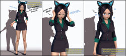  3d absurdres angry bare_legs before_and_after black_hair brown_eyes cleavage dialogue empty_eyes female_only femsub headphones heavy_eyelids koikatsu_sunshine! maledom mantra midriff open_mouth short_hair short_skirt skirt standing standing_at_attention tagme text xanamind 
