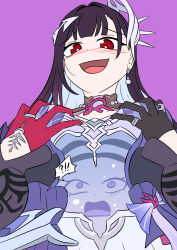 aware black_hair blush breast_fondling breasts eye_color_change femsub gloves holding_breasts honkai_star_rail hypnotic_slime hysilens_(honkai_star_rail) large_breasts long_hair possession purple_background purple_eyes red_eyes simple_background slime speech_bubble surprised vel