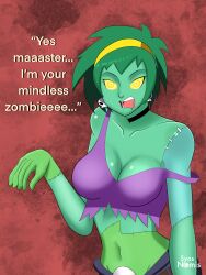 absurdres brain_drain breasts femsub large_breasts open_mouth rottytops shantae_(series) syas-nomis symbol_in_eyes text zombie