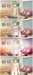  artist_request ass blush breasts cell_phone character_request cleavage collarbone comic copyright_request earrings erect_nipples expressionless femsub green_eyes green_hair jeans jewelry long_hair maledom navel open_mouth phone small_breasts smile sweater tech_control thick_thighs 