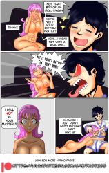 aiko_hajime_shin angry bare_breasts bare_shoulders bottomless brown_eyes comic how_i_became_my_masters_slave hypnotico large_ass large_breasts large_hips nipples pink_hair sharp_teeth speech_bubble story text topless