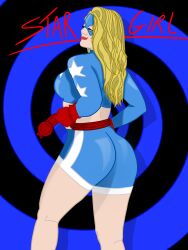 absurdres ass blonde_hair breasts closed_eyes dc_comics female_only femsub gloves happy_trance large_breasts midriff saltygauntlet shorts simple_background smile spiral stargirl super_hero text thick_thighs thighs undressing