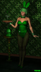  3d bangs bow_tie bunny_ears bunny_girl bunnysuit character_request clothed collarbone cuffs female_only femsub green_eyes green_hair happy_trance high_heels nail_polish pantyhose short_hair signature simple_background smile source_request st._patrick&#039;s_day standing straight-cut_bangs tagme tights tray voyer waitress 