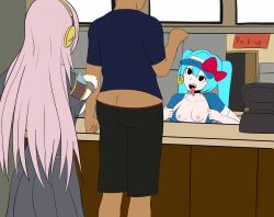 ass bare_breasts black_eyes blue_hair bow breasts cap character_request dark_skin english_text faceless_male femsub from_behind large_breasts luka_megurine maledom miku_hatsune nipples open_clothes pendulum pink_hair shirt shorts text tongue tongue_out twintails utsukushiiao very_long_hair vocaloid