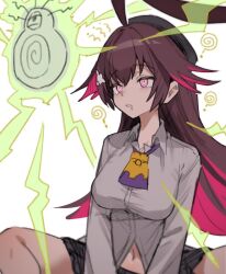 ahoge androgynous_dom aura breasts brown_hair character_request confused drool duel_masters femsub hat monster multicolored_hair navel red_hair senno_brainwash simple_background sitting spiralwash_eyes spread_legs symbol tagme thighs toriyaro_nichi very_long_hair white_background