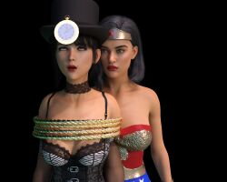  3d bare_shoulders black_background black_hair blue_eyes breasts choker cleavage clock corset dazed dc_comics empty_eyes eye_roll female_only femdom femsub hat headband hypnovideotoo leotard lingerie lipstick long_hair makeup multiple_girls open_mouth pendulum red_lipstick rope simple_background super_hero wonder_woman zatanna_zatara 