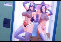  3d arm_warmers bangs bare_shoulders black_hair breasts clothed_exposure collar control_indicator custom_maid_3d_2 expressionless femsub heart kasarou large_breasts long_hair looking_at_viewer midriff milf miniskirt multiple_girls multiple_subs nail_polish navel nipple_cutout nipples original posing pubic_hair purple_hair see-through shoes skirt sling_bikini socks standing thighhighs wide_hips witch witch_hat 