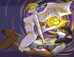 blonde_hair bottomless breasts brown_hair cowgirl_position cum discolored_nipples dog_boy femdom furry hypnotic_orb malesub missoro nude sex spiral_eyes symbol_in_eyes topless wings