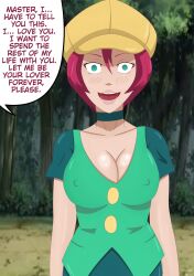  blush breasts drool female_only femsub georgia hinata-hime large_breasts nintendo open_mouth outdoors pink_hair pokemon pokemon_(anime) solo text 