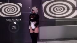  3d animated ass blindfold breasts clothed_exposure expressionless female_only femsub fingering gloves headdress large_breasts leotard masturbation monitor nier_automata nipples progress_indicator robot short_hair solo spiral standing tech_control text thighhighs thong topless torn_clothes video vynil white_hair yorha_no._2_type_b 