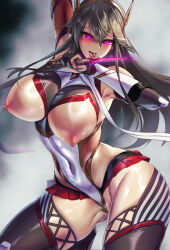  azuk_opecuro black_hair blush breasts cosplay empty_eyes erect_nipples female_only femsub fingerless_gloves fishnets gloves glowing_eyes happy_trance haruna_(kantai_collection) high_heels huge_breasts kantai_collection leotard long_hair miniskirt open_clothes opera_gloves pink_eyes skirt solo taimanin_(series) thick_thighs thigh_boots thighhighs tongue tongue_out topless weapon 