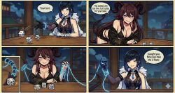  ai_art alternate_costume aura aware blue_hair blush body_control bra breasts brown_hair choker cleavage comic demon demon_girl dialogue earrings english_text eye_color_change female_only femdom femsub genshin_impact ghost gloves glowing glowing_eyes green_eyes horns hu_tao_(genshin_impact) hualin_(kavel3000) human_puppet kaval3000_(generator) large_breasts leaning_forward long_hair nail_polish night original outdoors panties possession puppet purple_eyes short_hair sitting smile speech_bubble table text thighs turning_the_tables witch yelan_(genshin_impact) 