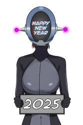 absurdres antenna bodysuit breasts clefla drone dronification female_only femsub helmet new_years original sign simple_background solo white_background