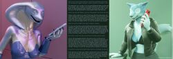  3d aware bra caption del_(thalarynth) dialogue femsub furry harem harem_outfit jacket open_clothes original phone_call scalie tail text thalarynth_(manipper) wendy_(thalarynth) wolf_girl 