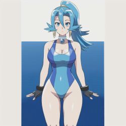  ai_art blue_hair choker clair darklord3014_(generator) empty_eyes expressionless femsub gloves hypnotic_accessory leotard nintendo pokemon pokemon_gold_silver_and_crystal ponytail standing standing_at_attention swimsuit thick_thighs thighs 