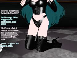 3d boots cleavage corset cyan_hair fingerless_gloves flamekin ghost_girl gothification high_heels large_breasts leather long_hair panties possession text transgender