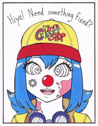 blue_hair clown clown_girl dialogue happy_trance hat jesturia spiral_eyes spiralwash_eyes traditional white_skin