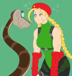  ahoge beret blonde_hair cammy_white disney expressionless gloves hat hypnotic_eyes kaa kaa_eyes large_hips leaning_forward leotard long_hair muscle_girl plsgts scar snake street_fighter the_jungle_book twintails 