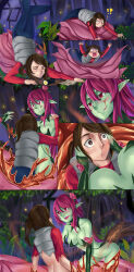 absurdres blush breasts brown_hair comic elf_ears female_only femdom femsub green_skin hypnotic_gas ibenz009 large_breasts liliraune long_hair monster_girl monster_girl_encyclopedia open_mouth original pink_hair plant plant_girl ponytail short_hair undressing