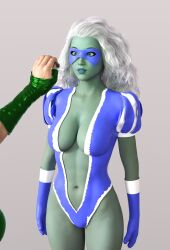  3d blue_eyes blue_lipstick breasts cleavage expressionless femdom femsub gloves huge_breasts icemaiden infinity_inc lipstick long_hair member9 pov pov_dom standing standing_at_attention super_hero white_hair 