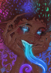 blackberreh control_indicator curly_hair dark_skin femsub helen_richardson hypnotic_eyes monster_girl sharp_teeth solo spiral the_magnus_archives tongue_out