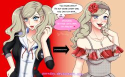  altered_common_sense ann_takamaki before_and_after blonde_hair blue_eyes blush breasts domestication female_only femsub happy_trance heart heart_eyes large_breasts persona_(series) persona_5 porniky stepfordization symbol_in_eyes text 