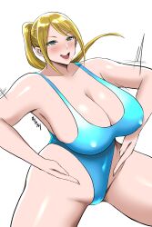 absurdres blush cleavage empty_eyes erect_nipples_under_clothes female_only femsub haigure huge_breasts long_hair metroid_(series) mole nintendo one-piece_swimsuit open_mouth ponytail samus_aran simple_background smile solo spread_legs squatting swimsuit white_background