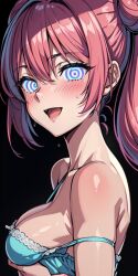  ai_art babydoll bare_shoulders black_background blush breast_grab cleavage female_only femsub hair_buns happy_trance looking_at_viewer multicolored_eyes pink_hair simple_background smile solo spiral spiral_eyes sweat ts_yume_(generator) twintails 
