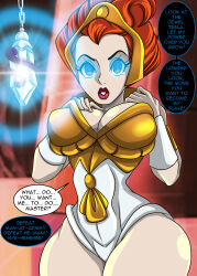 absurdres breasts cleavage crystal expressionless female_only femsub glowing glowing_eyes he-man_(series) helmet large_breasts open_mouth red_hair spiral_eyes standing standing_at_attention symbol_in_eyes teela text western zorro-zero
