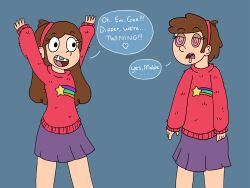 brother_and_sister brown_hair crossdressing dipper_pines disney drool gravity_falls long_hair mabel_pines malesub open_mouth pink_eyes skirt smile spiral_eyes symbol_in_eyes synthetic_attraction text western