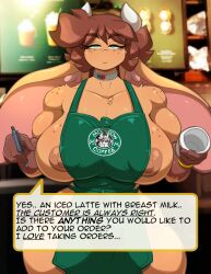  anonymind_(manipper) apron bottomless breasts brown_hair chalo collar collarbone comic cow_girl empty_eyes eye_roll female_only femsub forced_employee furry green_eyes happy_trance horns huge_breasts huge_hips las_lindas long_hair manip meme mora_linda muscle_girl naked_apron nipples nude speech_bubble starbucks tech_control text topless waitress 