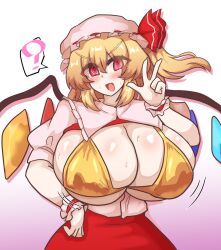 altered_common_sense black_(artist) breast_expansion breasts cleavage confused erect_nipples female_only femsub flandre_scarlet happy_trance huge_breasts long_skirt presenting skirt solo spiral_eyes topless touhou unaware