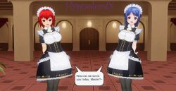 3d aki_(hypnolordx) aoi_(hypnolordx) blue_hair breasts custom_maid_3d_2 empty_eyes female_only femsub happy_trance hypnolordx large_breasts maid open_mouth red_hair short_hair smile standing text