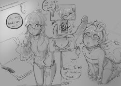  alternate_costume avi_(artist) before_and_after blush collar denial dog_ears drool femsub glasses heart heart_eyes instant_loss kneeling original penis pet_play phone ponytail shorts spiral sweater symbol_in_eyes text tongue tongue_out tube_top 