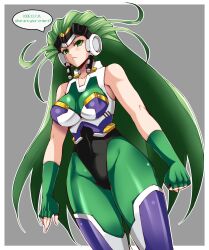  aschen_brodel breasts doudile_(manipper) empty_eyes endless_frontier expressionless female_only green_eyes green_hair large_breasts manip robot super_robot_wars text trigger very_long_hair 