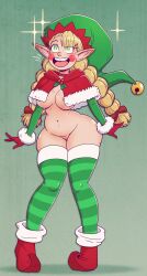 bell blush boots bottomless breasts cheeks choker christmas cloak clothed_exposure delicious_in_dungeon elf elf_ears eyelashes female_only femsub gloves green_eyes happy_trance hat holly long_hair marcille_donato navel open_mouth simple_background smile solo sparkle standing symbol_in_eyes transformation twin_braids twintails wide_hips wrenzephyr2