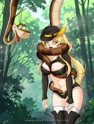 azur_lane bestiality blonde_hair breasts coils complex_background crossover crotch_rub cum disney erect_nipples erect_nipples_under_clothes fellatio femsub hat heterosexual hornet_(azur_lane) hypnotic_eyes kaa kaa_eyes large_breasts leaning_forward lewdlygod1 long_hair maledom midriff navel open_mouth outdoors plant pussy_juice sex simulated_paizuri smile snake snake_penis the_jungle_book thick_thighs thighhighs thighs trees