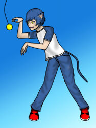 blue_hair cat furry happy_trance male_only malesub mez open_mouth original pants short_hair solo spiral_eyes symbol_in_eyes