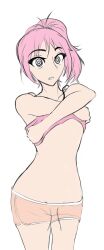  cleavage crystal_(zko) expressionless female_only femsub long_hair midriff navel original pink_hair ponytail short_shorts shorts simple_background sketch solo spiral_eyes standing symbol_in_eyes tagme tank_top undressing white_background zko 