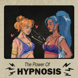  advertisement aggro-bat arm_bands black_background blue_hair border breasts cleavage earrings english_text harem_outfit heart hypnotic_breasts jewelry meme nami_(one_piece) necklace nefertari_vivi one_eye_open one_piece orange_hair ponytail simple_background text yuri 